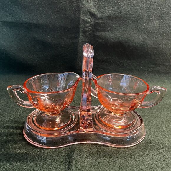 Pink Depression Glass Sugar Bowl and Creamer Set With Caddy Etched Flowers - Picture 11 of 12